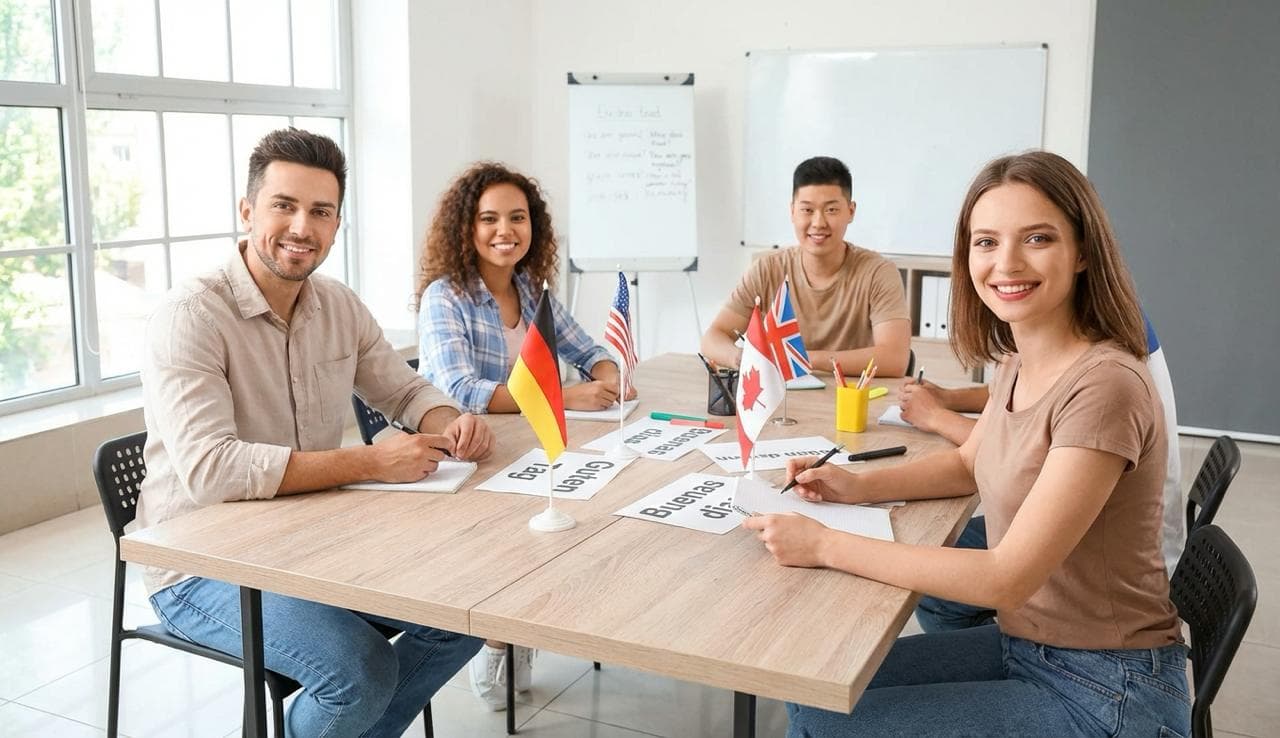 Sprachschule Berlin – Kursteilnehmer beim Deutschkurs im modernen Seminarraum